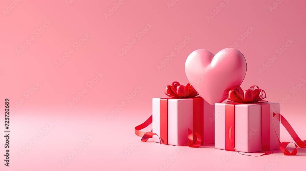 A heart-shaped balloon gently rests against gift boxes with elegant red ribbons on a soft pink backdrop, evoking a Valentine's Day theme.