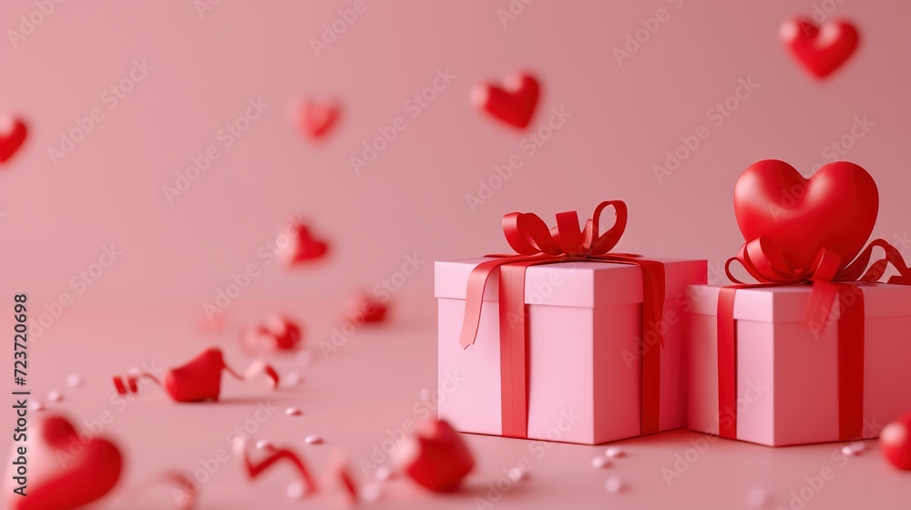 Floating red hearts and elegantly wrapped gifts in a romantic pink setting, perfect for Valentine's Day celebrations.