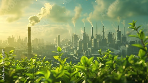 Contrast of nature and industry with lush green foliage in the foreground against a backdrop of a bustling industrial cityscape with smokestacks.