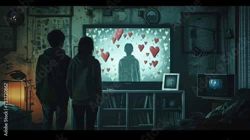 A couple stands together in a dim room, attentively watching a television screen displaying a heart-themed animation with a central figure.