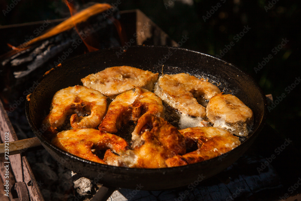 Pan frying or home cooking fish on the fire. Pan frying or home cooking fish on the fire.