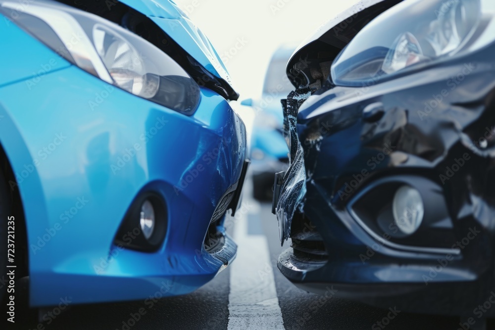 Car crash road accident insurance pay wreck broken vehicle traffic jam collision damaged auto bumper danger emergency situation front impact highway incident injury safe driving drive collide safety