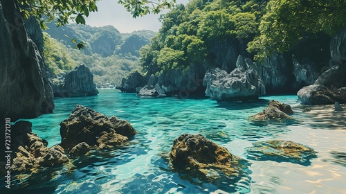 Idyllic mountainous lagoon with crystal clear turquoise waters, surrounded by lush foliage and dramatic rock formations.