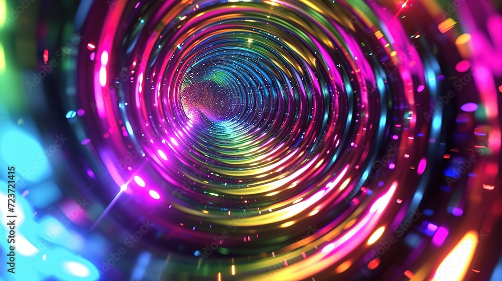 Obraz premium This image captures a mesmerizing neon spiral tunnel glittering with a spectrum of vivid colors, creating a hypnotic visual experience.