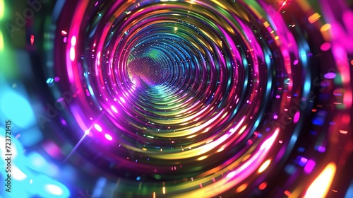 This image captures a mesmerizing neon spiral tunnel glittering with a spectrum of vivid colors, creating a hypnotic visual experience.