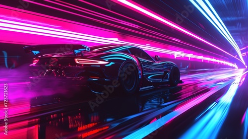 A high-performance race car blasts through a tunnel bathed in neon pink and blue lights, with speed lines accentuating the fast motion. © Sodapeaw