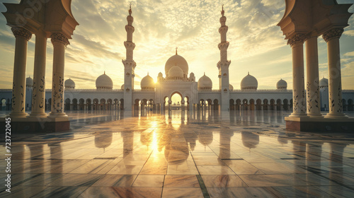Magnificent mosque courtyard with brilliant sunlight under the beautiful sky © boxstock production