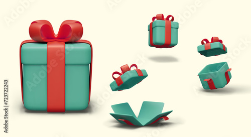 Green gift box with red ribbon and bow. Realistic packaging in different positions