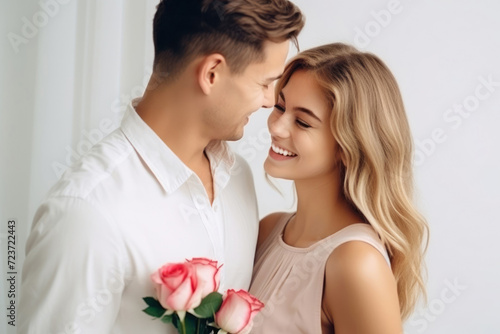 beautiful young couple in love girl model with a young man with a bouquet of flowers, international women's day, warm relationship care and attention, selective