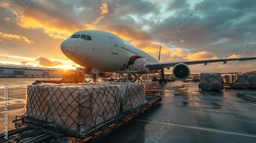 Loading of goods on board a cargo plane, airport, transport logistic