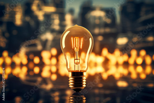 Creativity idea, business success and strategy concept. Idea concept with innovation and inspiration. Light bulb in the dark and blur city on background.