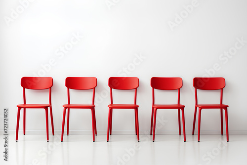 Red chairs in the room and white wall backgrounds. The chairs represent the hiring position. Human resources management and recruitment business hiring concept.