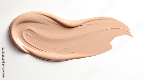 A smooth, creamy swatch smudge of beige liquid foundation makeup on a white background