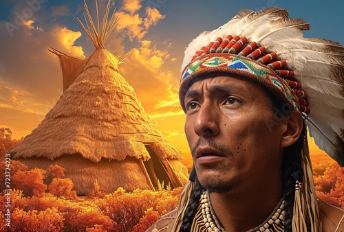 Native American Man Stands in Front of a Teepee on a Sunny Day Generative AI photo