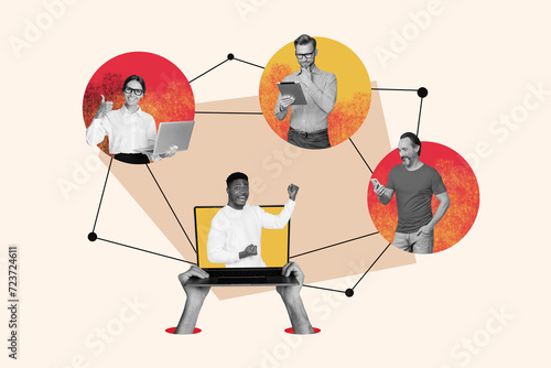 Принти на полотні Creative poster collage of teambuilding online communication gadget remote team