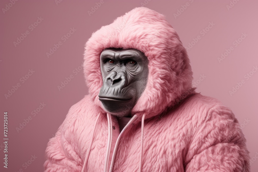 Stylish Gorilla in Chic Pink - A Whimsical Portrait of Fashion and Nature - Generative AI