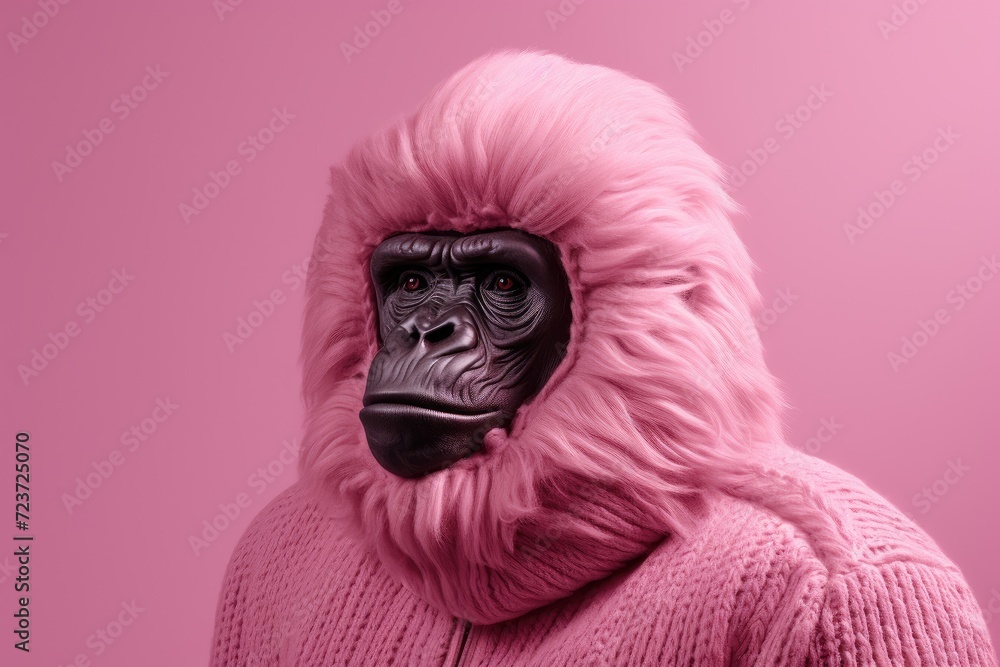 Fototapeta premium Stylish Gorilla in Chic Pink - A Whimsical Portrait of Fashion and Nature - Generative AI