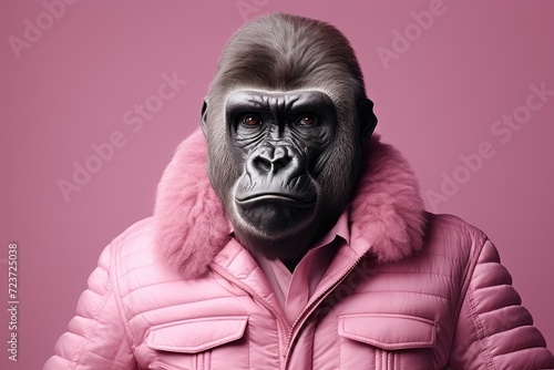 Stylish Gorilla in Chic Pink - A Whimsical Portrait of Fashion and Nature - Generative AI