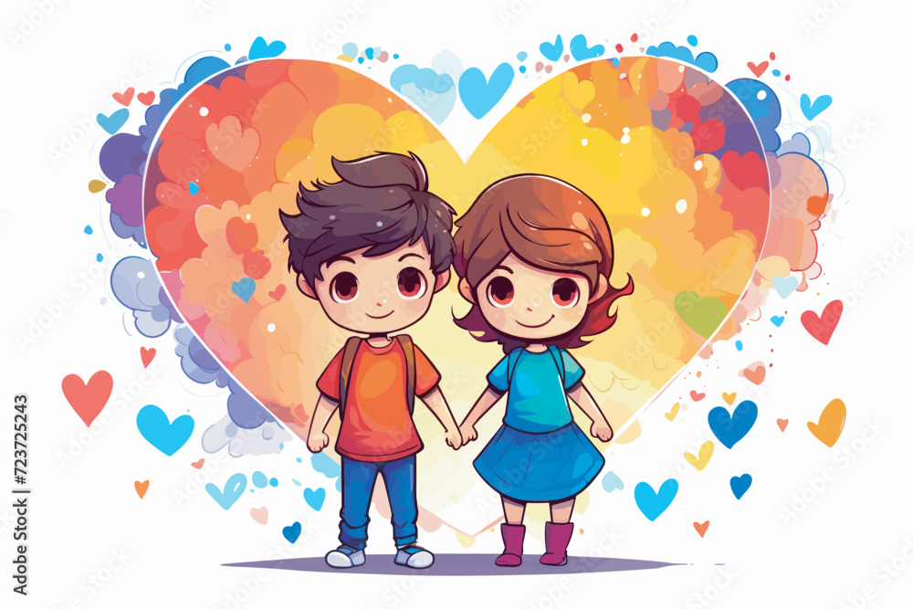 Abstract little couple with hearts on white background for valentines day concept, Cartoon Couple