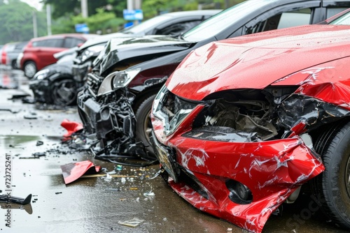 Car crash road accident insurance pay wreck broken vehicle traffic jam collision damaged auto bumper danger emergency situation front impact highway incident injury safe driving drive collide safety