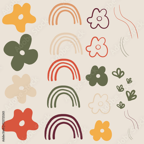 shapes of rainbow and flowers in pastels colors
