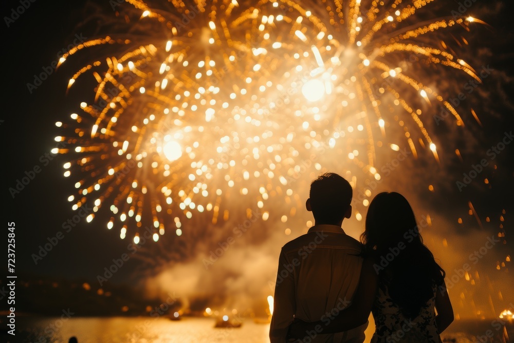 Festive sky with fireworks and American flag, Independence Day