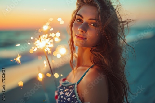 Young woman with American flag photo