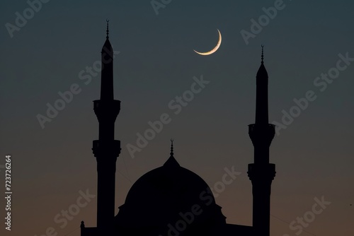 mosque with tall minarets and a large dome against the backdrop of a night