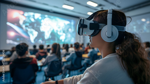 A virtual reality classroom with an AI instructor teaching students from around the world.