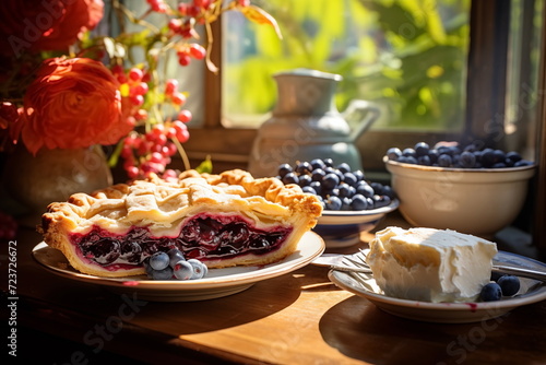 Close up tasty blueberry pie on the table, blueberry, Slice, Sunlight, Generated AI.