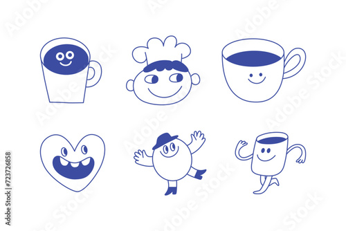 Vector logo design template and graphic elements for advertising, branding, posters and banners, funny cartoon illustrations with smiling character, coffee cup mascot