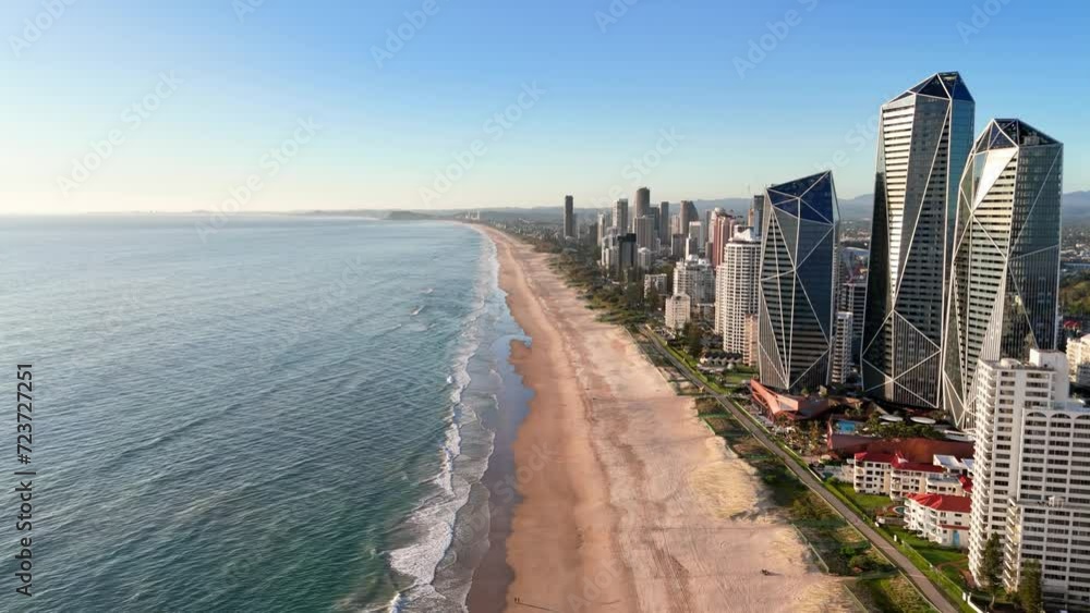Gold Coast, Australia: Aerial view of skyscraper skyline of famous resort city on east coast of Queensland, Surfers Paradise Beach and Pacific Ocean Gold Coast, Australia: Aerial view of skyscraper skyline of famous resort city on east coast of Queensland, Surfers Paradise Beach and Pacific Ocean