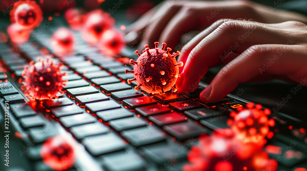 person's hand is typing on a keyboard with glowing red virus models