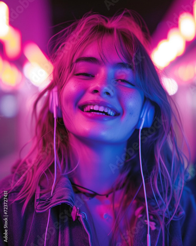 Expressive young woman absorbed in melodies, listening to music on her smartphone, radiant purple backdrop echoing her electric mood - High Dynamic Range vibrant color portrait