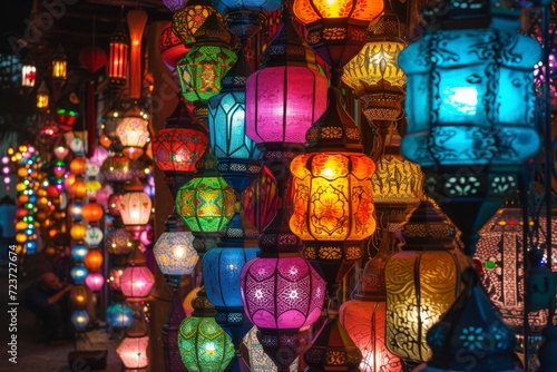 mesmerizing view of various colorful and intricately designed lanterns hanging at a night