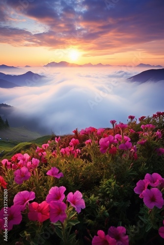 Blooming meadow among mountains. High peaks and flowers. Beauty in nature.