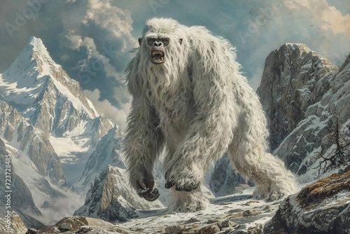 Encounter with the Abominable Snowman in the Mountains. Old Antique Colored Style Art. Generative AI Image.