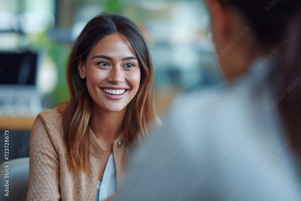 Obraz premium Happy businesswoman interviewing a well-prepared job candidate in a cozy office environment. The job interview process - from expectation to excitement, captured in high-definition