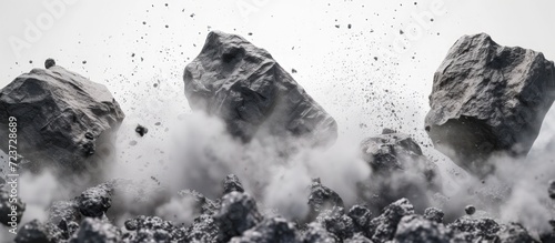 Photo Falling rock fragments erupt with dust splashes from erupting mountain cliffs