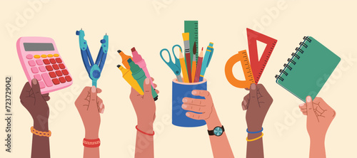Diverse hands holding stationery or school supplies. Notebook, calculator, pens, rulers, felt pens, scissors. Hand drawn vector illustration isolated on light background, flat cartoon style.