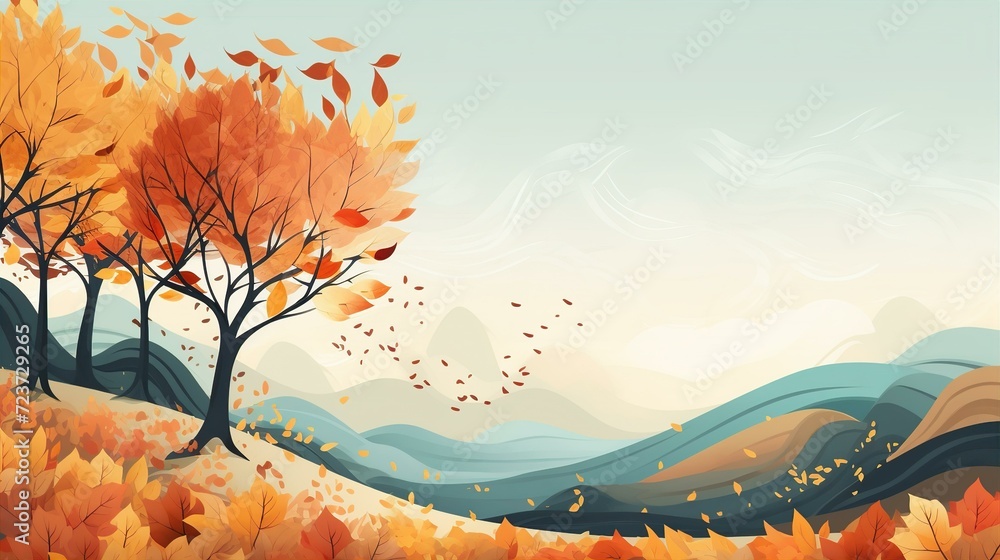 Autumn season landscape background design with falling leaves for banner or presentatio