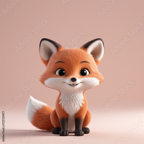 Cute little fox 3d illustration. Adorable wild animal in cartoon style sitting and smiling isolated on white background. Animal, nature, wildlife concept