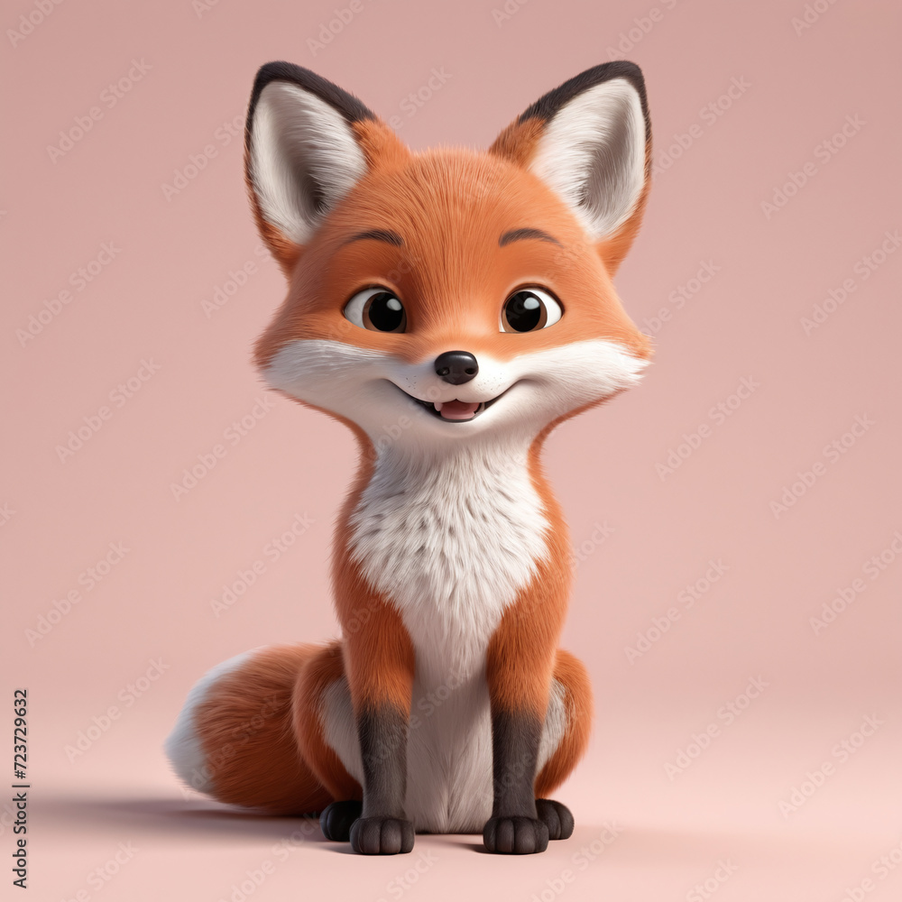 Fototapeta premium Cute little fox 3d illustration. Adorable wild animal in cartoon style sitting and smiling isolated on white background. Animal, nature, wildlife concept