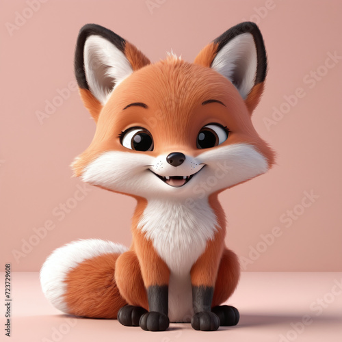 Cute little fox 3d illustration. Adorable wild animal in cartoon style sitting and smiling isolated on white background. Animal  nature  wildlife concept