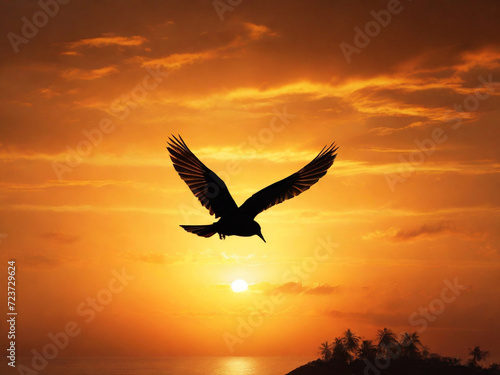 flight of radiance: bird silhouette in golden sunset © PREM