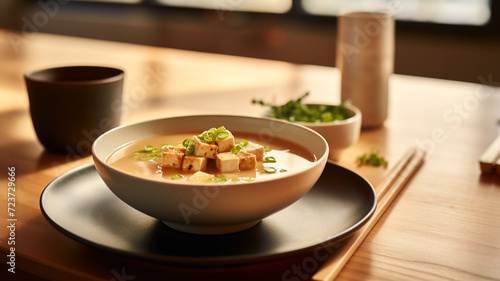 A bowl of traditional miso soup with tofu slices and green onion, bathed in natural sunlight on a wooden table banner copy space.