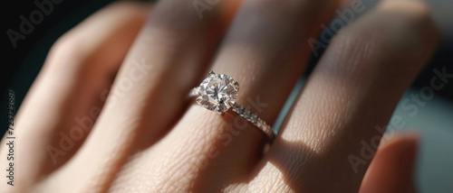 A sparkling engagement ring on a delicate hand, its diamond reflecting the promise of a shared future