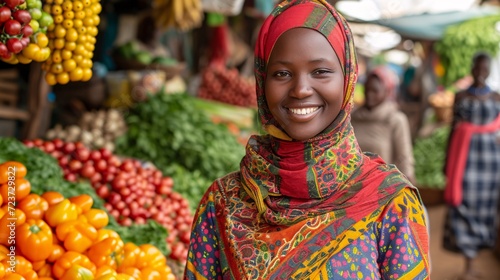 Smiling Woman in Colorful Scarf at a Fruit and Vegetable Market Generative AI