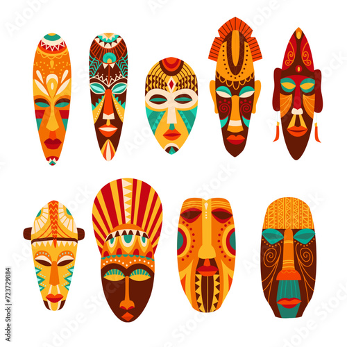 Set of tribal african masks. African culture. African totems.Isolated on white. Hand drawn vector illustration. 