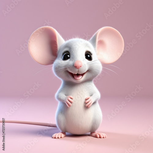3D rendering of an adorable kawaii furry smiling standing mice or mouse looking very happy for joy. pastel color background. © vian